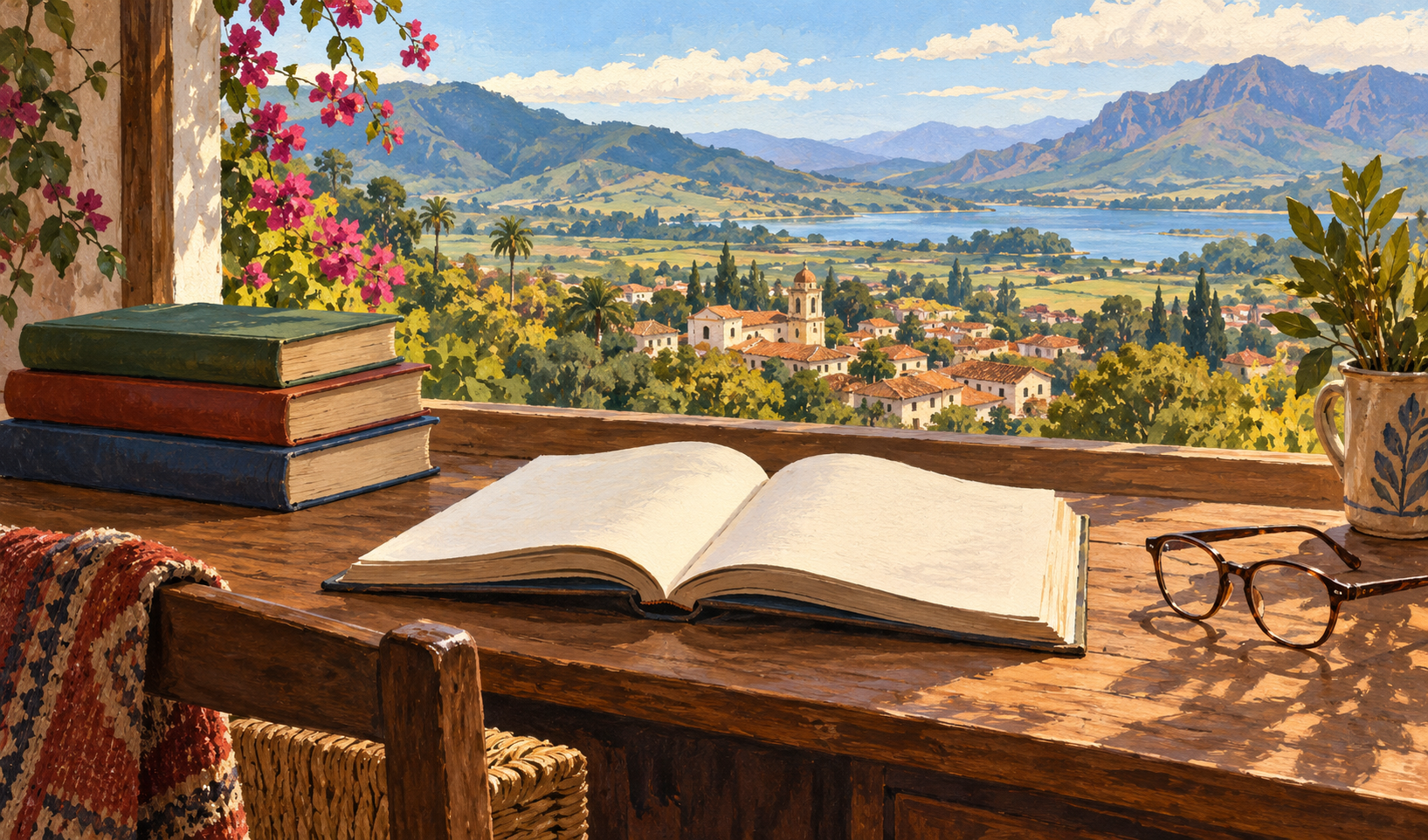 Libro abierto sobre una mesa frente a un paisaje imaginario de campos, montañas y un pueblo